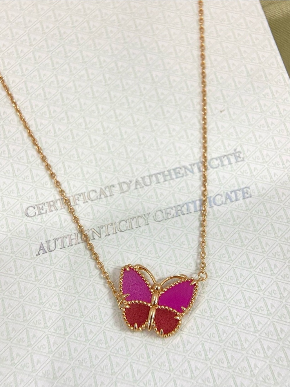 Van Cleef & Arpels Gold Butterfly Necklace with Pink and Red Enamel